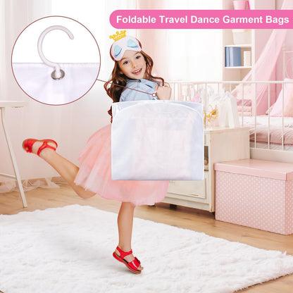 Foldable white garment bags, 5-pack, for dance costumes & clothing, with secure zip pockets; ideal for travel.