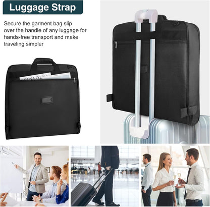 Compact foldable garment bag, carry-on size. Keeps suits wrinkle-free for easy business travel.