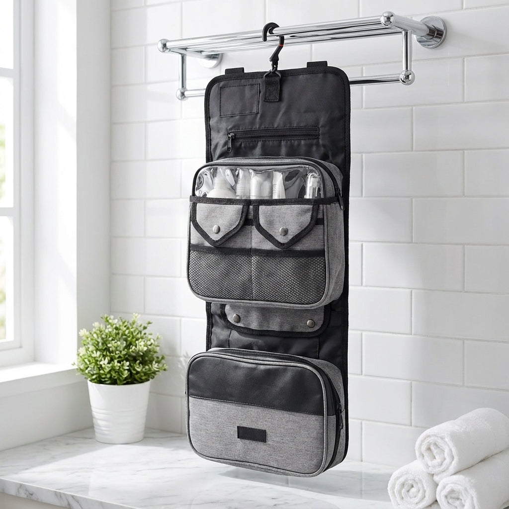 Unisex foldable hanging travel toiletry bag organizer, open with multiple compartments for essentials.