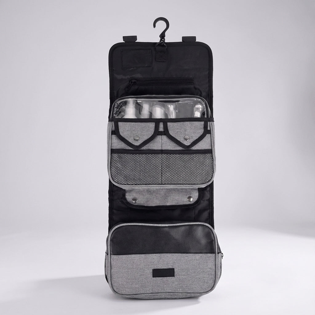 Compact folded view of the portable ToiletryMate travel bag, perfect for space-saving packing.