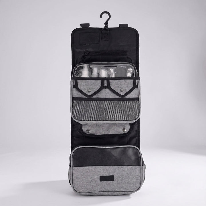 Compact folded view of the portable ToiletryMate travel bag, perfect for space-saving packing.