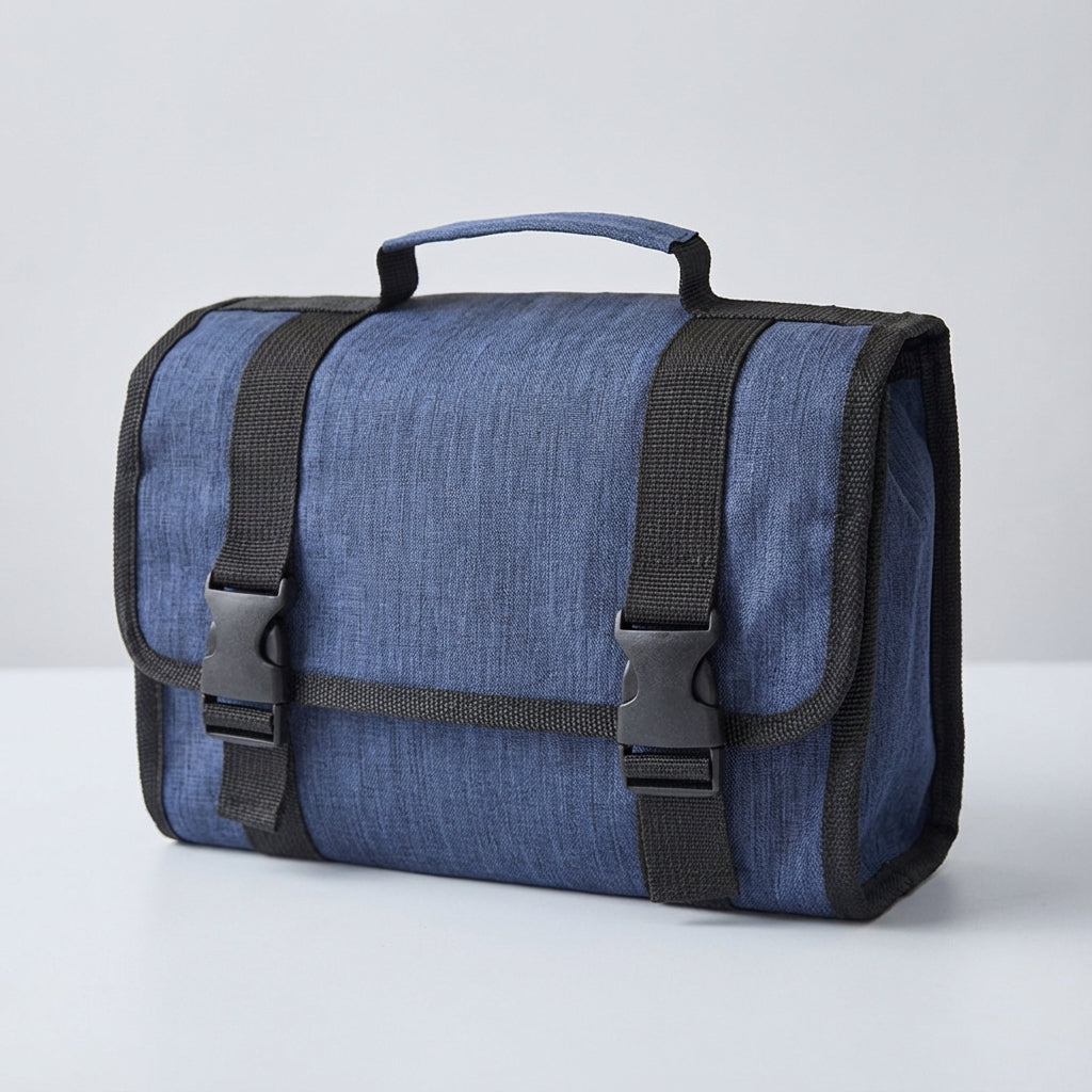 Durable unisex cosmetic case, open with various mesh pockets for makeup and travel items.