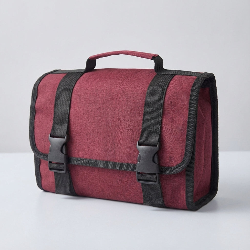 Foldable travel organizer hanging in a bathroom, showing its practical design and ample storage.
