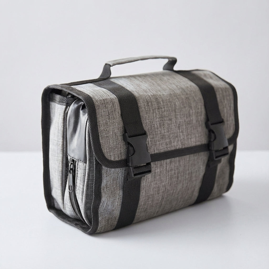 Portable hanging toiletry bag, ideal for travel, keeping cosmetics and essentials neatly organized.