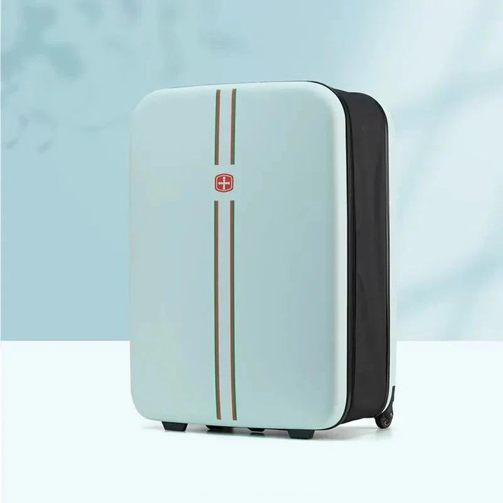 Modern unisex foldable rolling suitcase in black. Lightweight and sturdy travel bag for convenient trips.