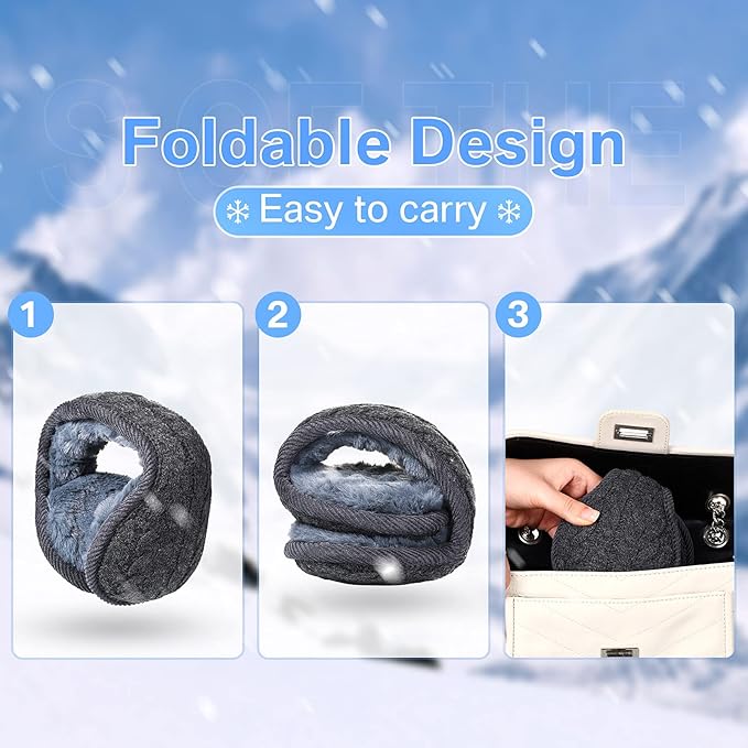 Compact foldable knitted ear warmers, ideal for travel & easy storage in bags. Unisex winter accessory.