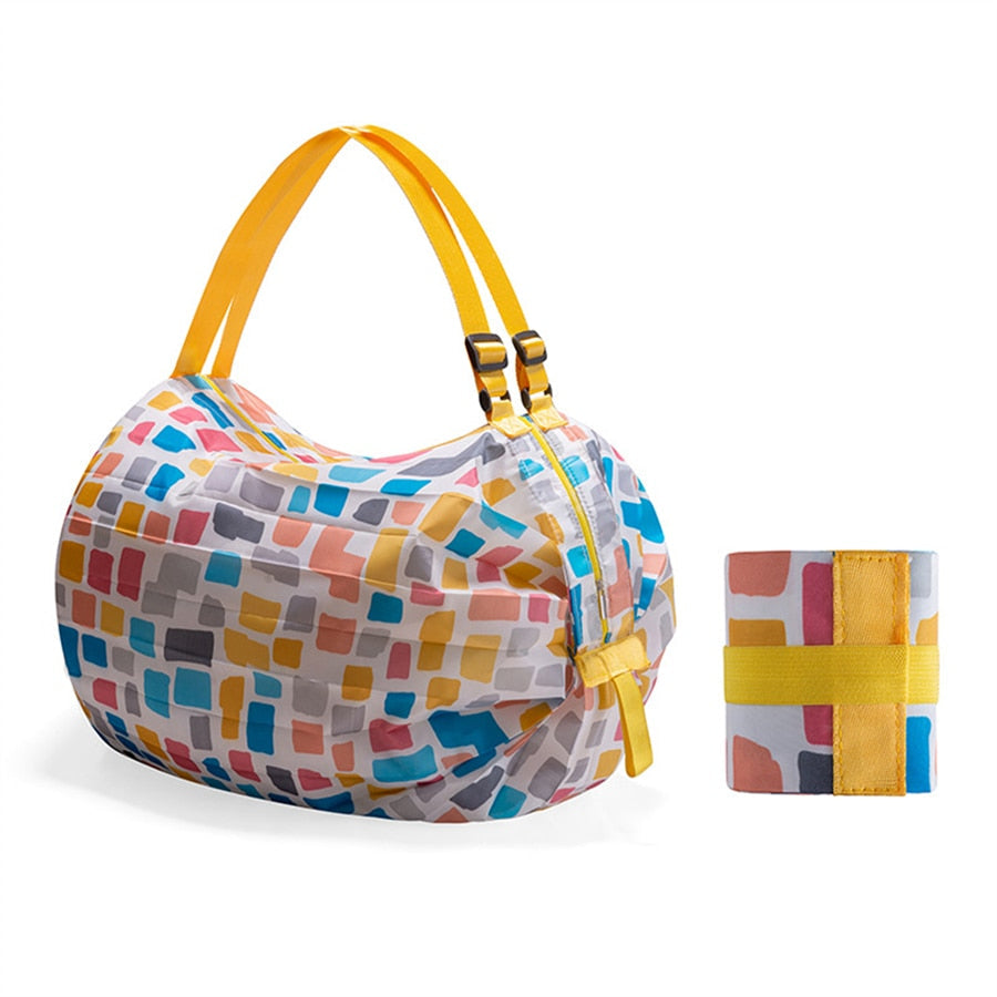 Unisex foldable large-capacity shopping tote bag made from durable Oxford fabric, perfect for groceries & travel.