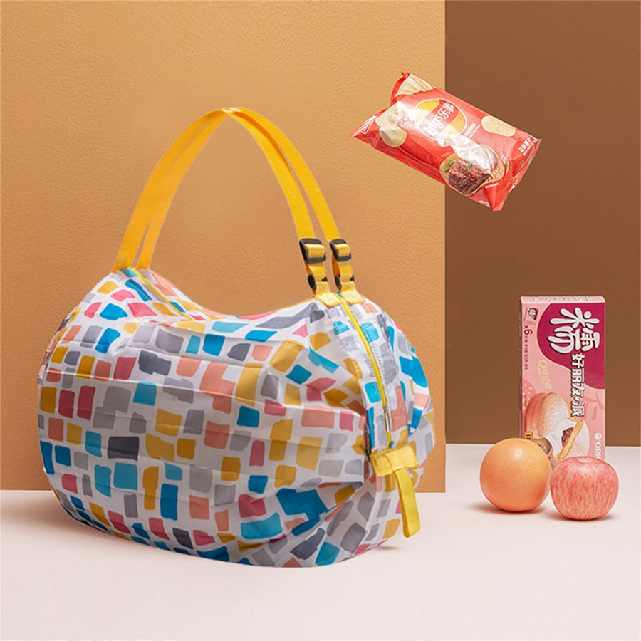 Compact folded view of the eco-friendly reusable shopping tote bag, easy to carry for daily errands.