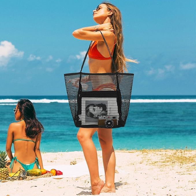 Unisex foldable mesh beach tote bag with inner pocket, perfect for summer travel & sandproof adventures.