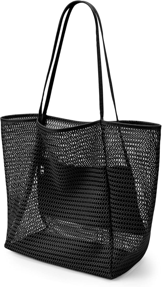 Versatile foldable mesh tote bag for beach, travel, gym, or shopping. Features convenient inner pocket.