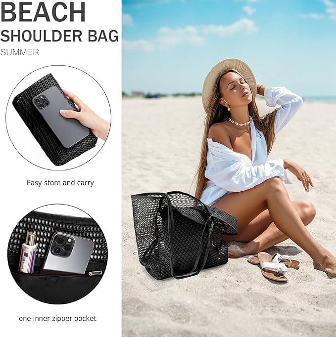 Lightweight, foldable mesh beach bag with inner pocket. Ideal for easy packing & sand-free storage.