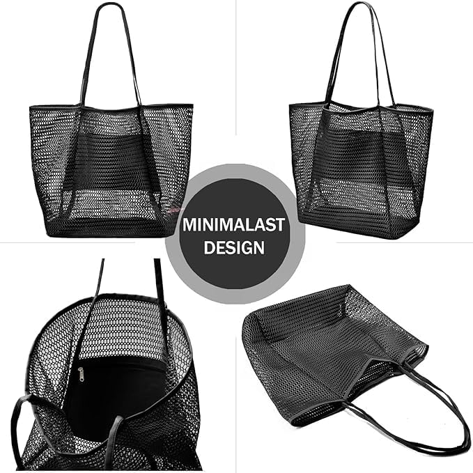 Spacious unisex mesh beach tote, foldable for travel. Keeps essentials organized with an inner pocket.
