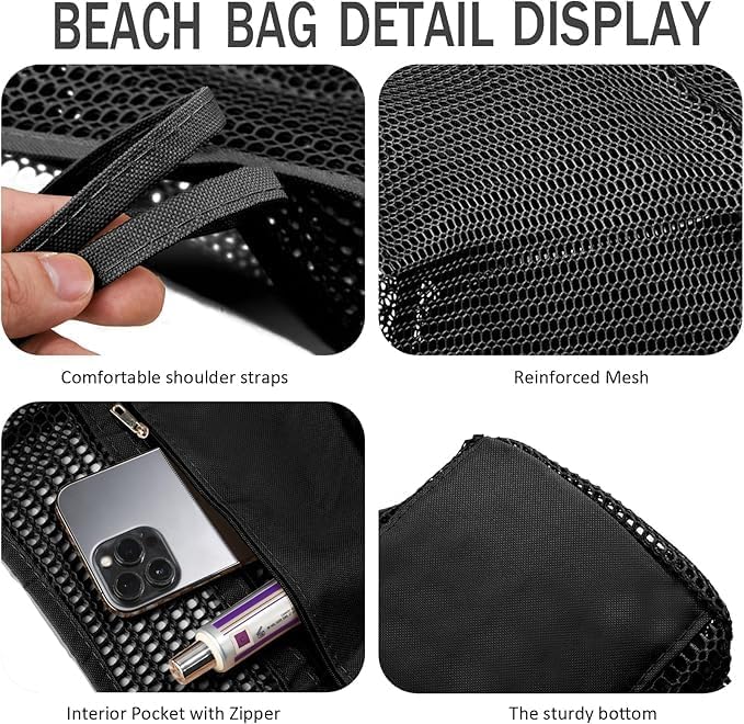 Durable foldable mesh beach tote bag with secure inner pocket, great for summer, travel, gym & shopping.