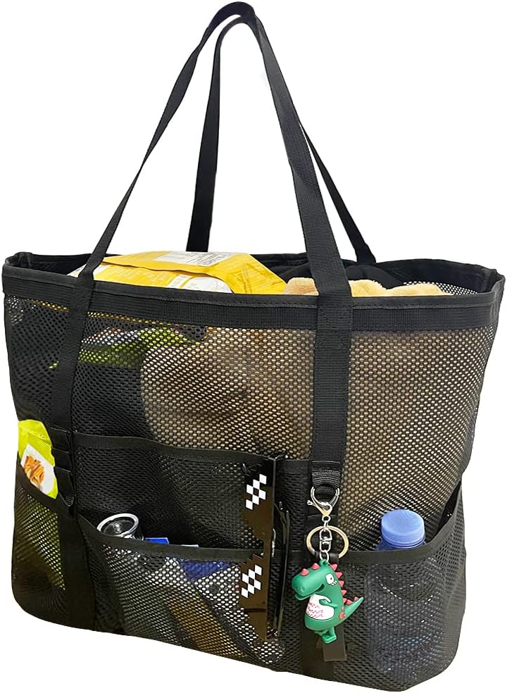 Unisex foldable mesh beach tote with 9 pockets, perfect for family beach days & pool trips. Large capacity travel bag.