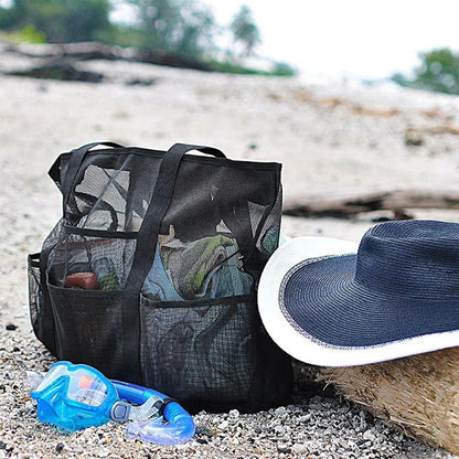 Foldable mesh beach tote with 9 pockets, a versatile travel and storage bag for vacation essentials & pool gear.