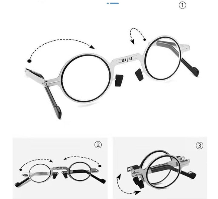 Scratch-resistant foldable reading glasses with blue light filter. Unisex, portable, silver frames for clear vision.