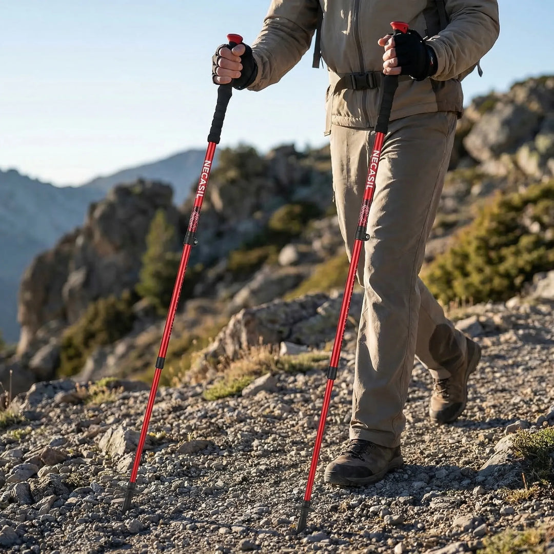 Unisex foldable telescopic trekking poles for hiking, walking, and nordic trails. Lightweight outdoor gear.