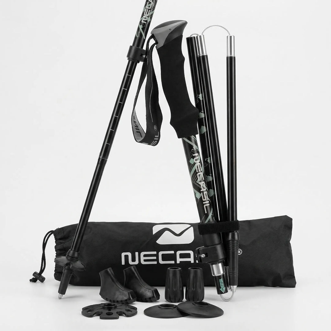 A pair of unisex trekking poles, telescopic and foldable, ideal for avid hikers and outdoor walkers.