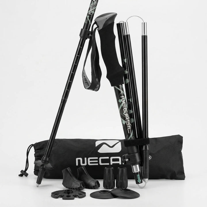 A pair of unisex trekking poles, telescopic and foldable, ideal for avid hikers and outdoor walkers.
