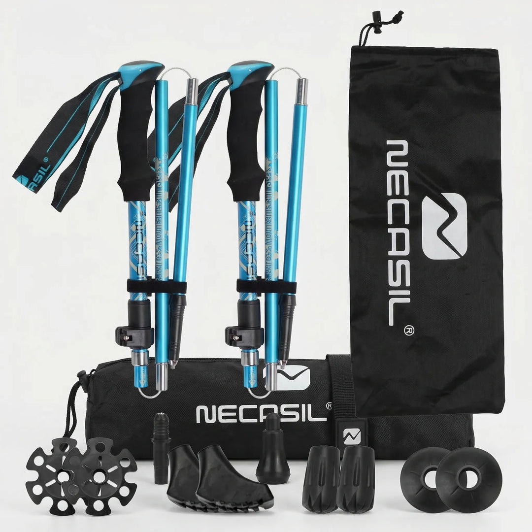 Compact, foldable trekking poles for easy portability, perfect telescopic gear for hiking, walking, and trail use.