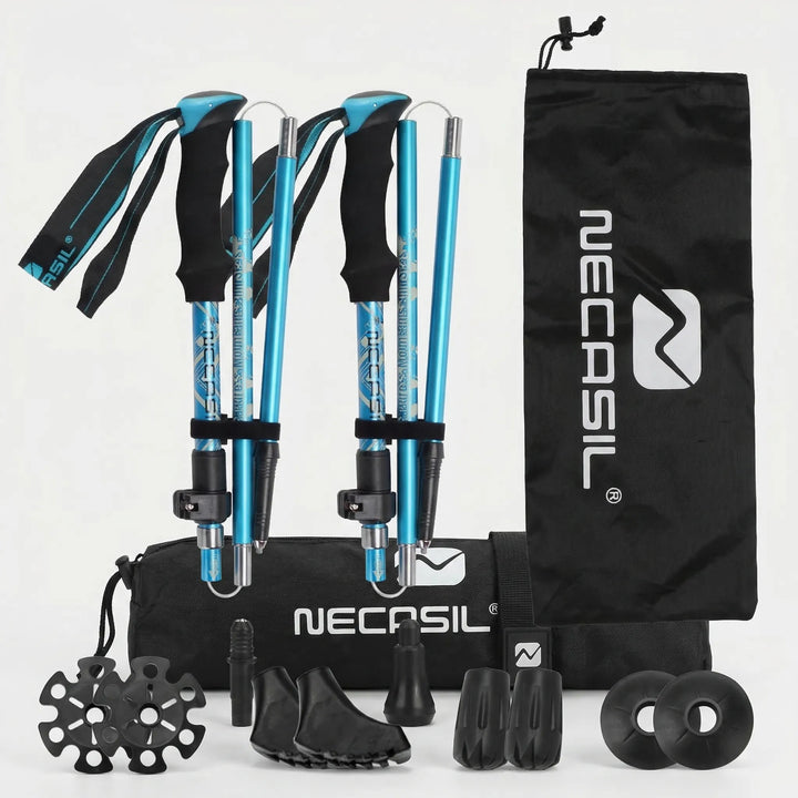 Compact, foldable trekking poles for easy portability, perfect telescopic gear for hiking, walking, and trail use.