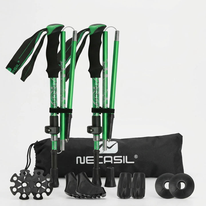 Versatile unisex foldable telescopic trekking poles, essential lightweight outdoor gear for hiking, walking & Nordic trails.