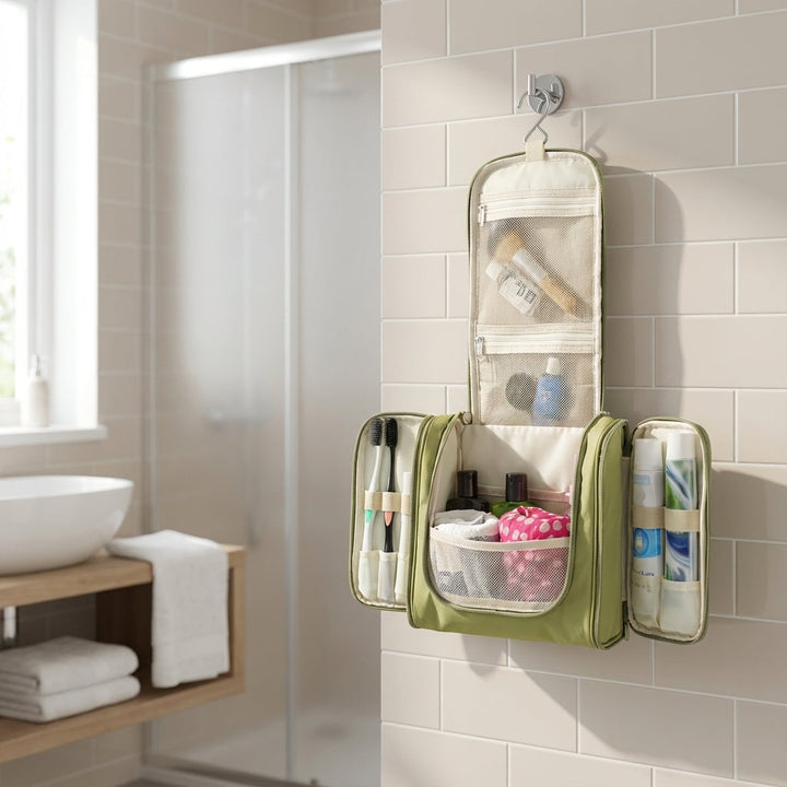 Unisex foldable toiletry bag with hanging hook, perfect for travel essentials and bathroom organization.