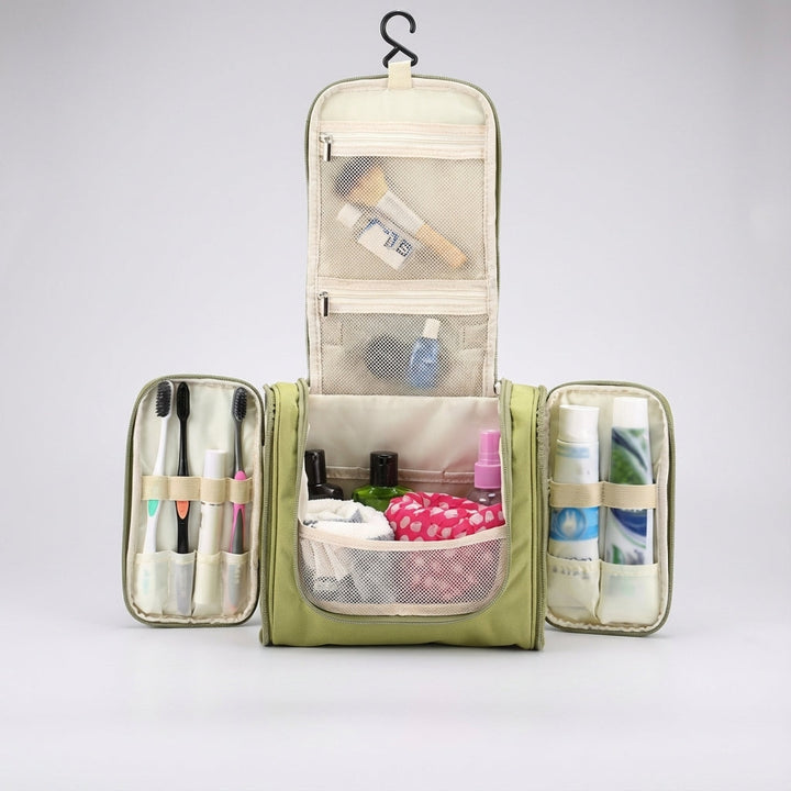 Compact folded TrailTidy toiletry bag, ideal for space-saving storage in luggage or backpacks.