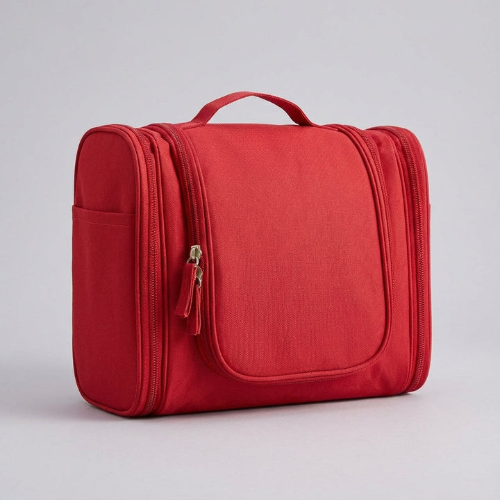 Water-resistant unisex travel toiletry bag, featuring a sturdy hanging hook for easy bathroom access.