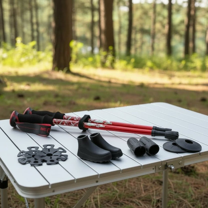 Unisex foldable trekking poles for hiking adventures, lightweight and compact.