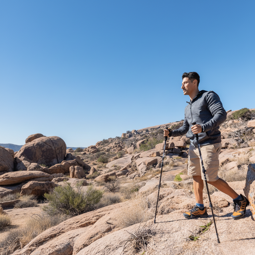 Adjustable foldable hiking poles, lightweight aluminum with carbon tips for trails.