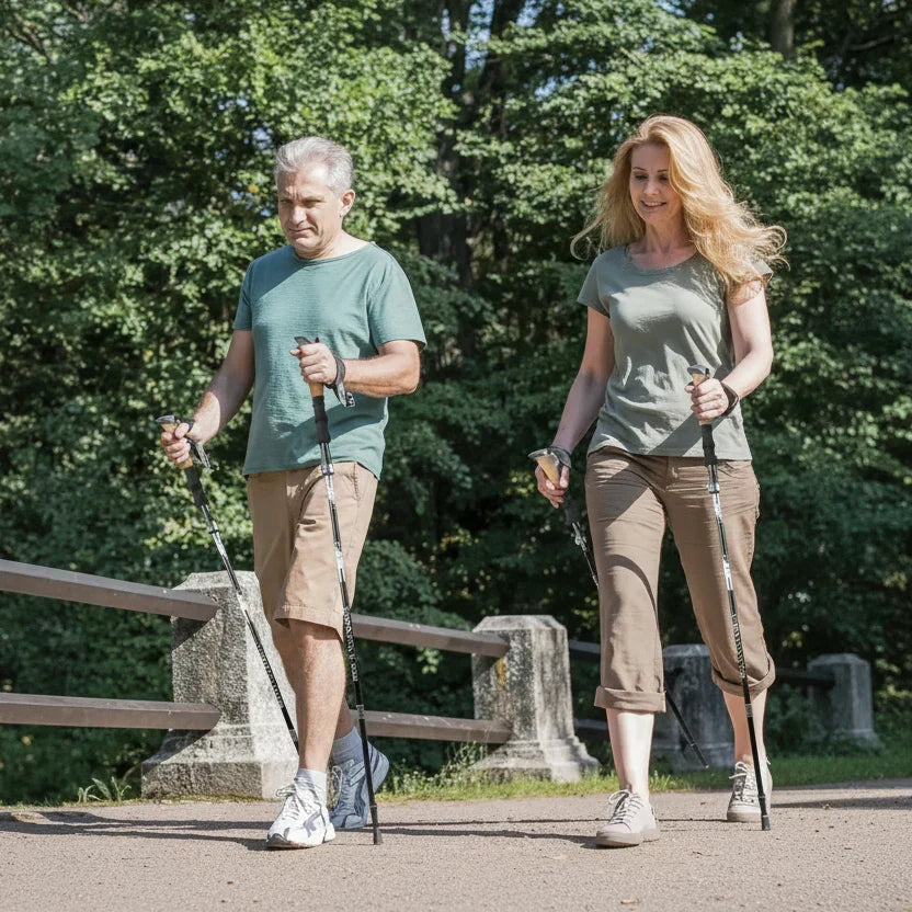 Durable aluminum trekking poles, ideal for challenging hikes and outdoor adventures.
