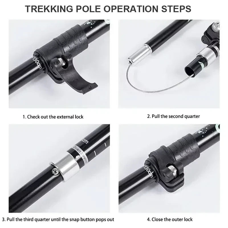 Adventure-ready foldable hiking poles, strong carbon tip for varied terrain.