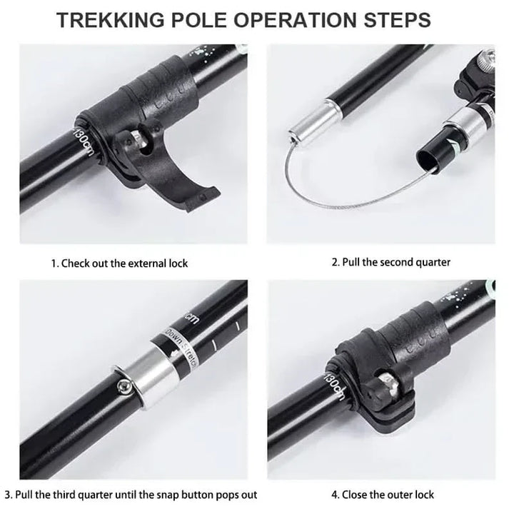 Adventure-ready foldable hiking poles, strong carbon tip for varied terrain.