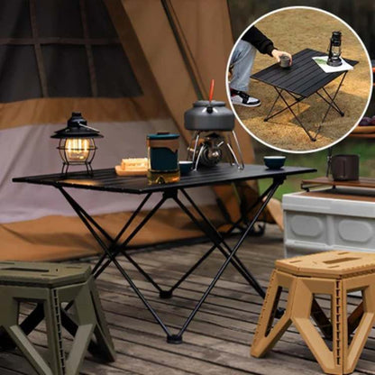Compact aluminum folding table for camping, featuring convenient under-table storage
