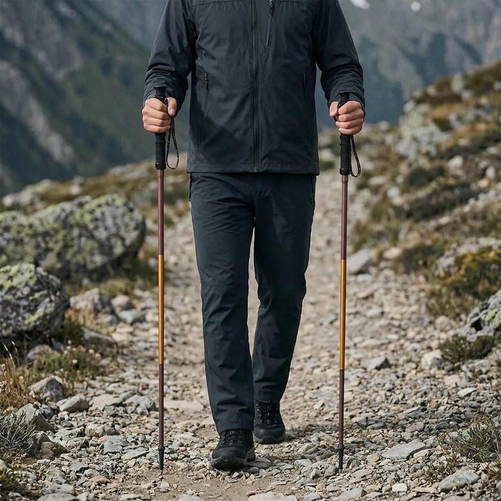 Unisex folding trekking pole with quick lock, lightweight aluminum design for hiking & trail running, foam grip.