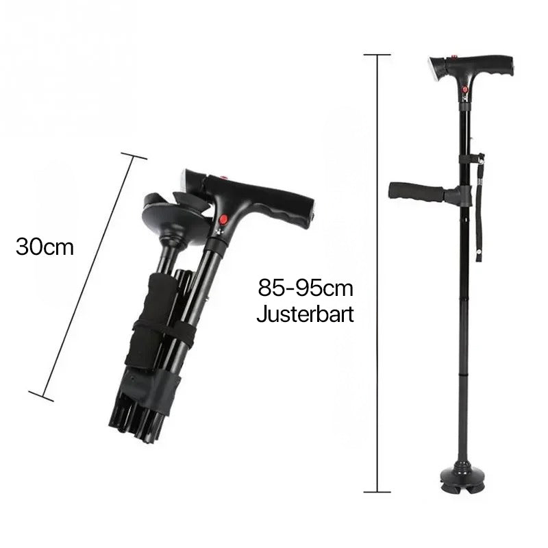 Adjustable folding mobility cane with bright LED light, safety alarm, and comfortable dual handles.