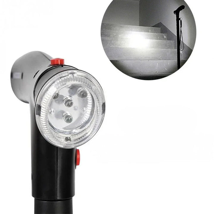 Ergonomic dual-handle walking aid cane with built-in LED light and panic alarm for elderly care.