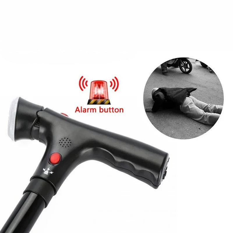 Portable folding walking cane with integrated LED light, safety alarm, and assistive dual handles.