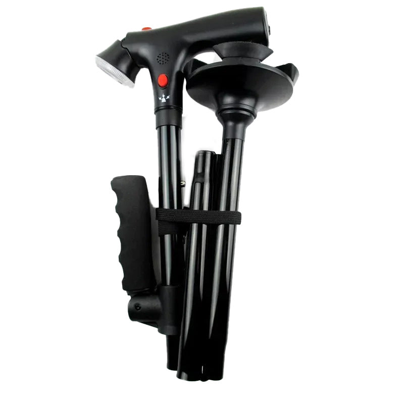 Rehabilitation support cane: adjustable folding design, dual handles, LED light, and safety alarm.
