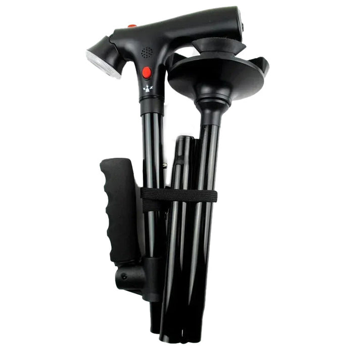 Rehabilitation support cane: adjustable folding design, dual handles, LED light, and safety alarm.