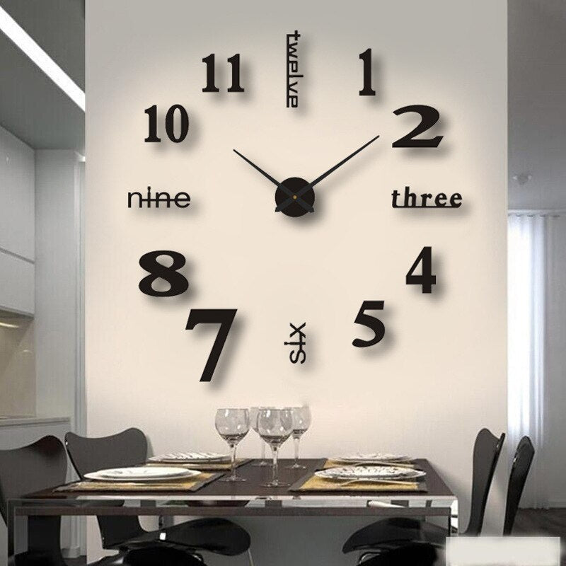 Unisex Frameless DIY Wall Clock with adhesive acrylic numbers. Modern, silent, customizable home decor.