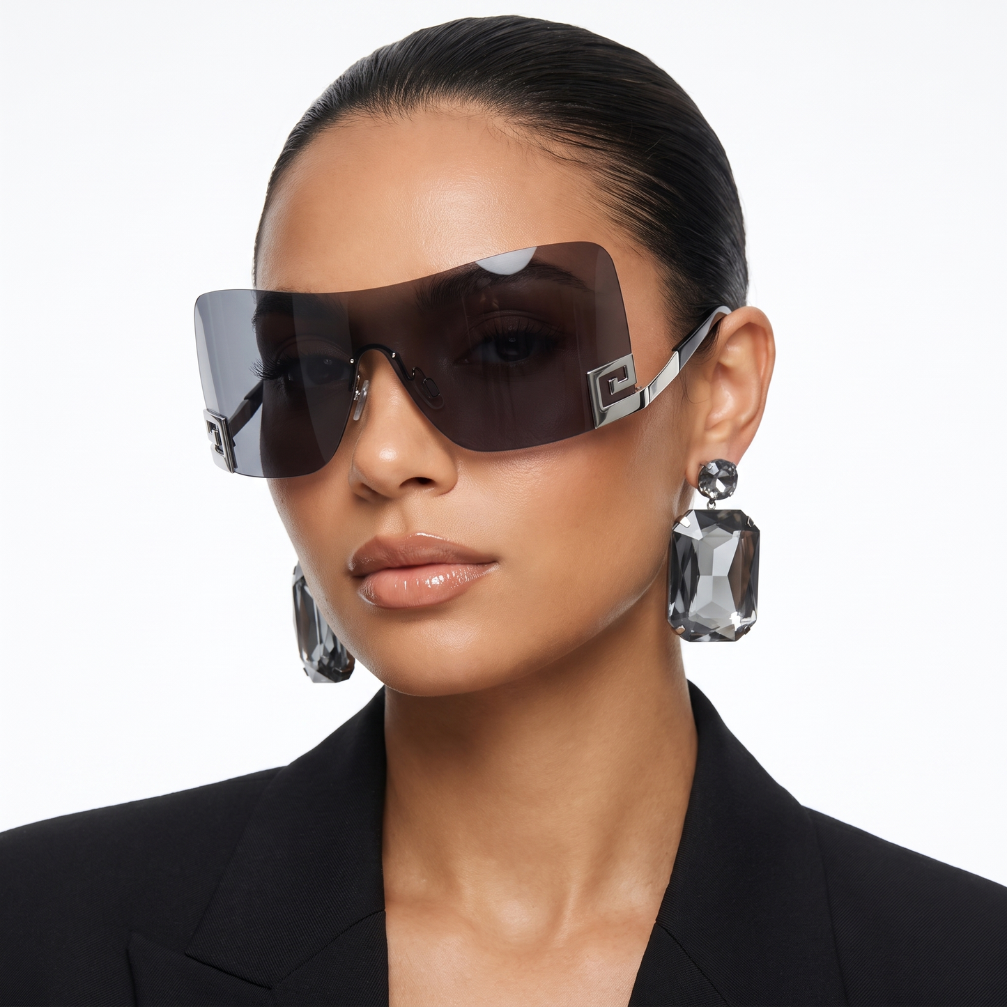 Unisex frameless futuristic sunglasses with UV400 protection. Statement eyewear for festivals & travel.