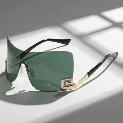 Unique frameless futuristic sunglasses. Polycarbonate UV400 lenses & sleek metal frame for eye protection.