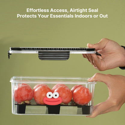 Transparent fresh food storage box showing contents, great for quick refrigerator checks