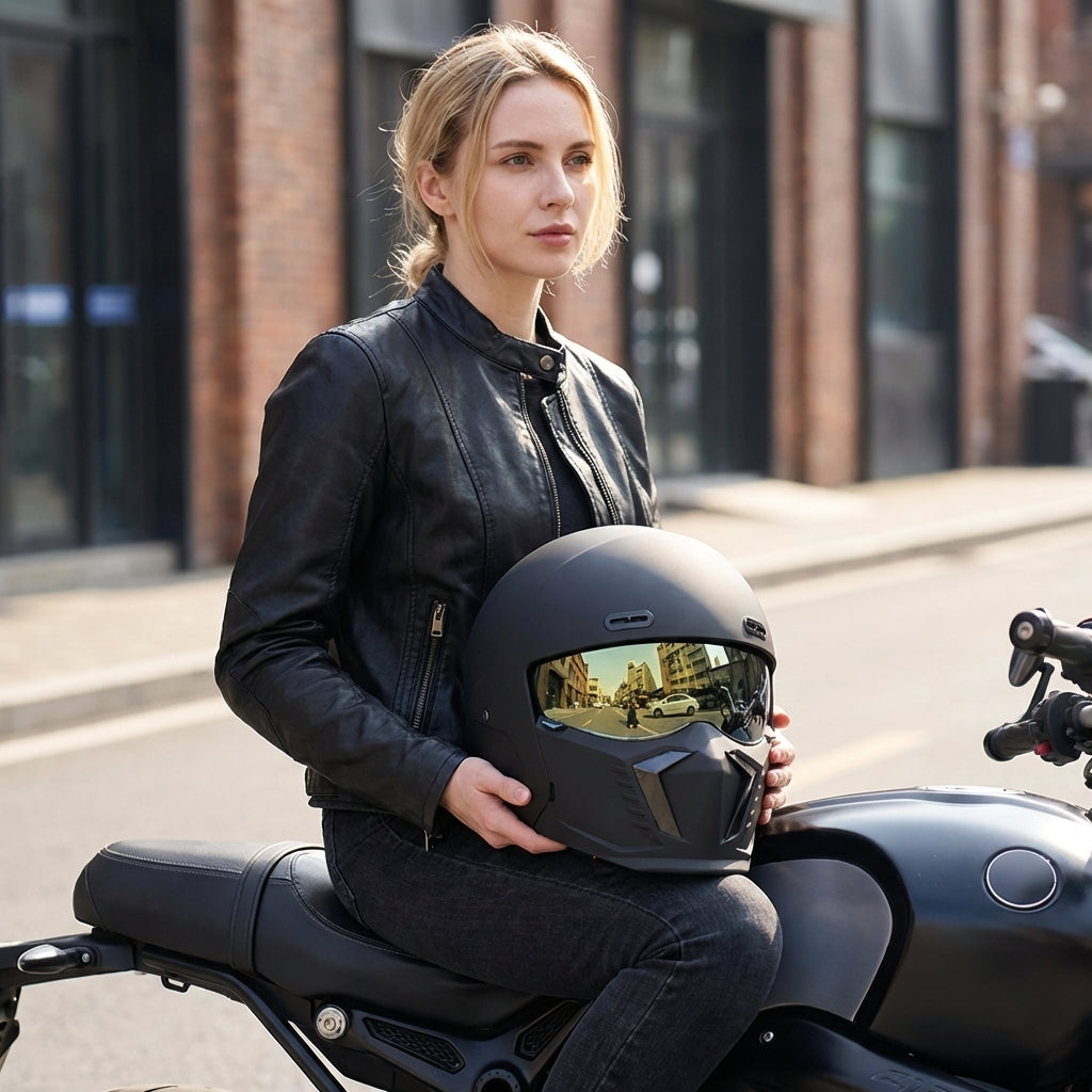 Black full face motorcycle helmet, DOT/ECE certified, offering superior head protection for riders.