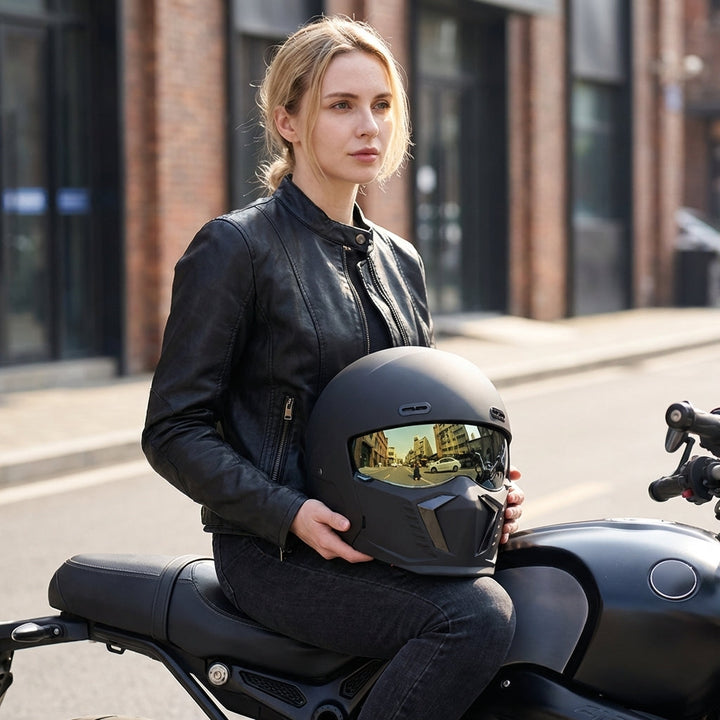 Black full face motorcycle helmet, DOT/ECE certified, offering superior head protection for riders.
