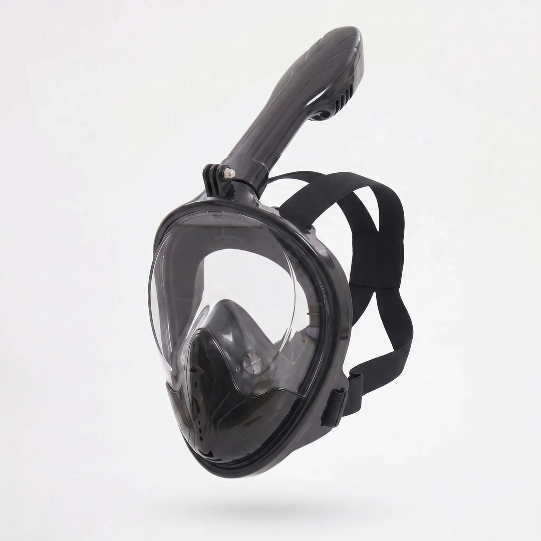 Advanced full-face snorkel mask for adults, featuring anti-fog panoramic lens & camera mount for epic dives.