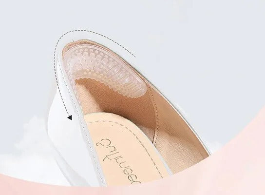 Transparent silicone gel heel grips, essential footwear accessory for shock absorption & blister prevention.