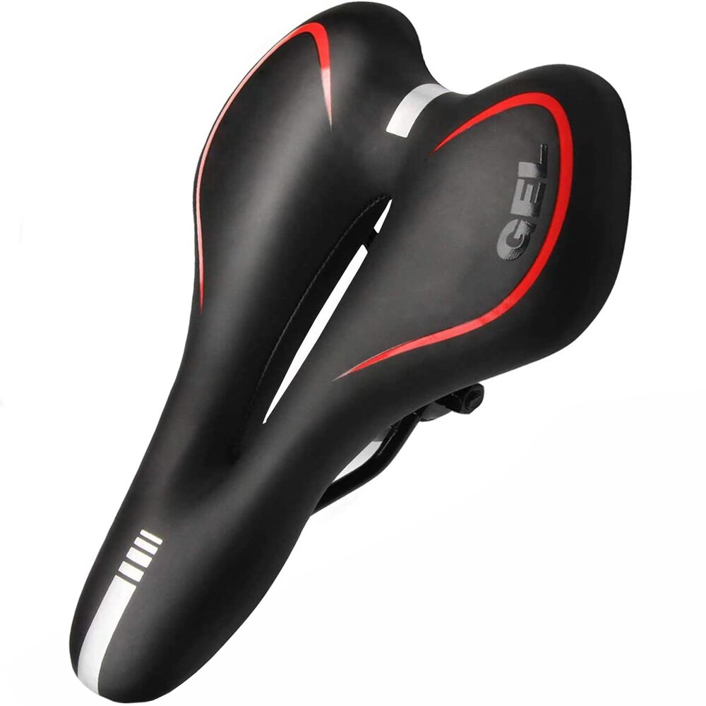 Front view of black unisex gel bicycle saddle, perfect accessory for mountain and road bikes.